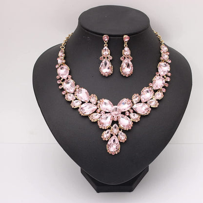 Women'S Wedding Bridal Austrian Crystal Glass Teardrop Statement Necklace Dangle Earrings Bracelet Ring Wedding Party Jewelry Set for Bridal Bridesmaid