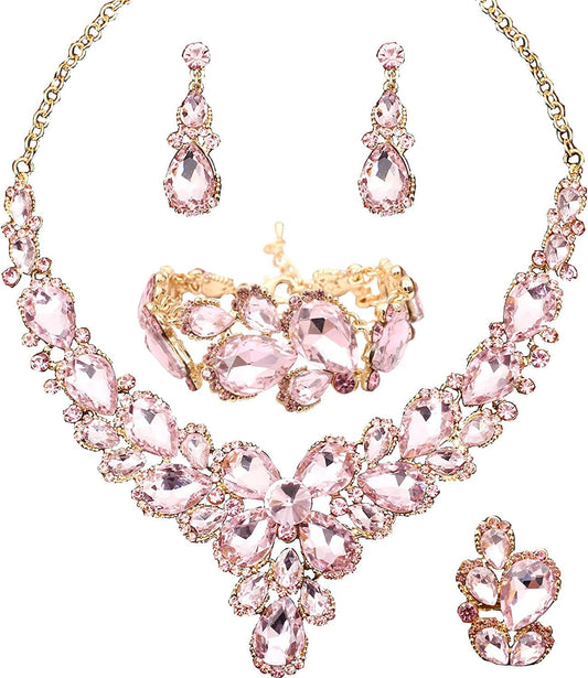 Women'S Wedding Bridal Austrian Crystal Glass Teardrop Statement Necklace Dangle Earrings Bracelet Ring Wedding Party Jewelry Set for Bridal Bridesmaid Light Pink-Gold Plated