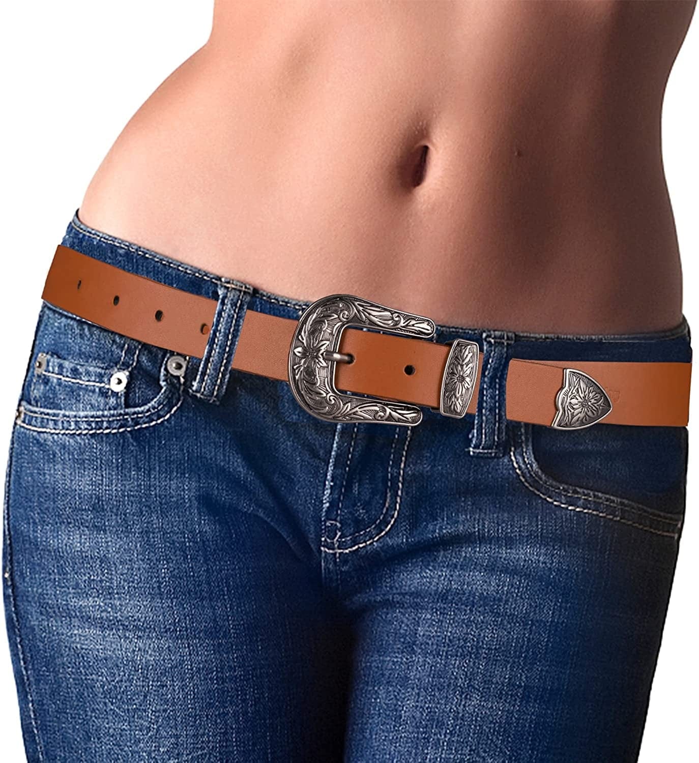 Women'S Western Cowgirl Leather Belts for Jeans Pants Dresses with Fashion Vintage Silver Buckle Apparel & Accessories > Clothing Accessories > Belts Ssumday Brown S for waist 26-30" 