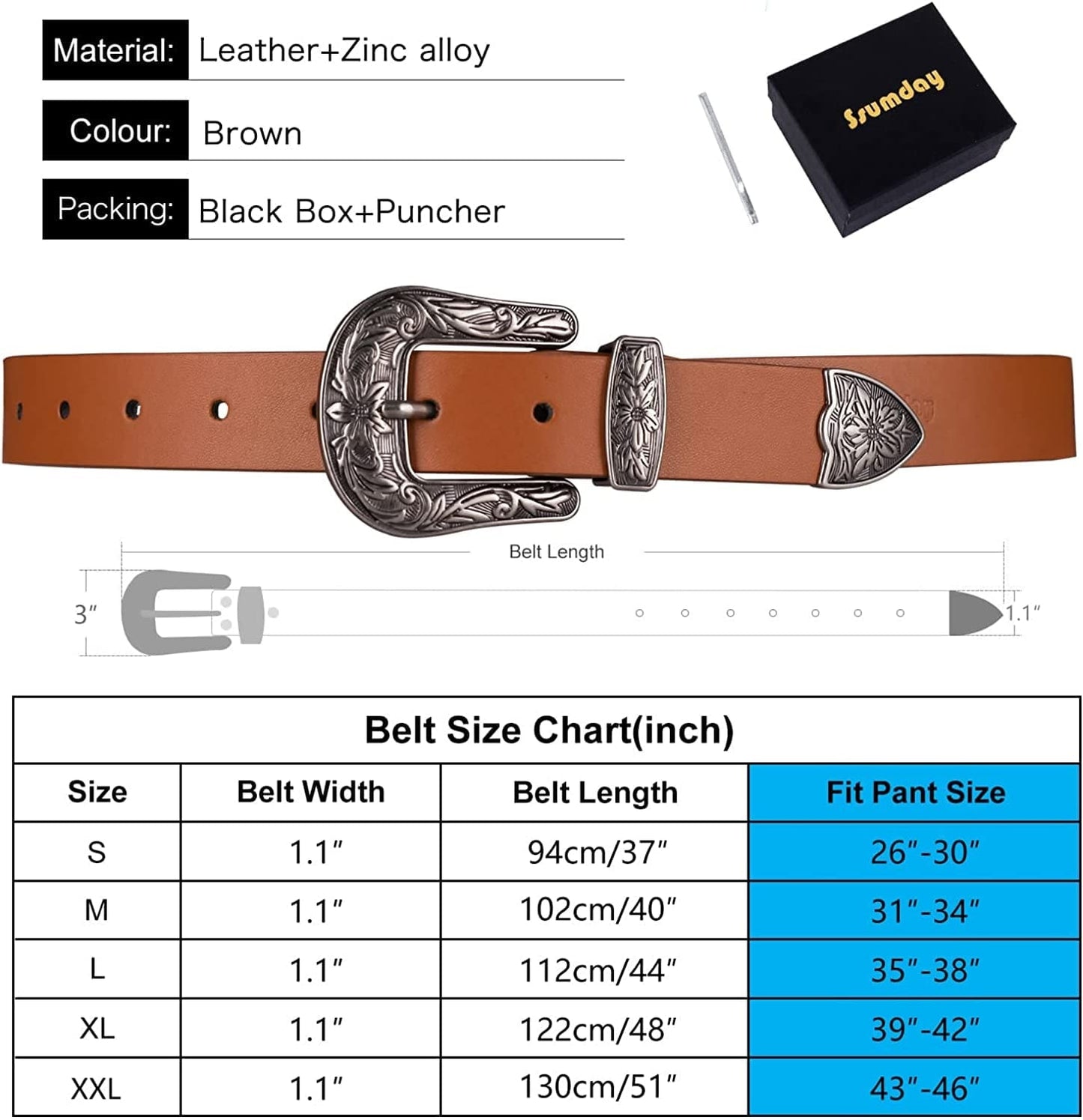 Women'S Western Cowgirl Leather Belts for Jeans Pants Dresses with Fashion Vintage Silver Buckle Apparel & Accessories > Clothing Accessories > Belts Ssumday   