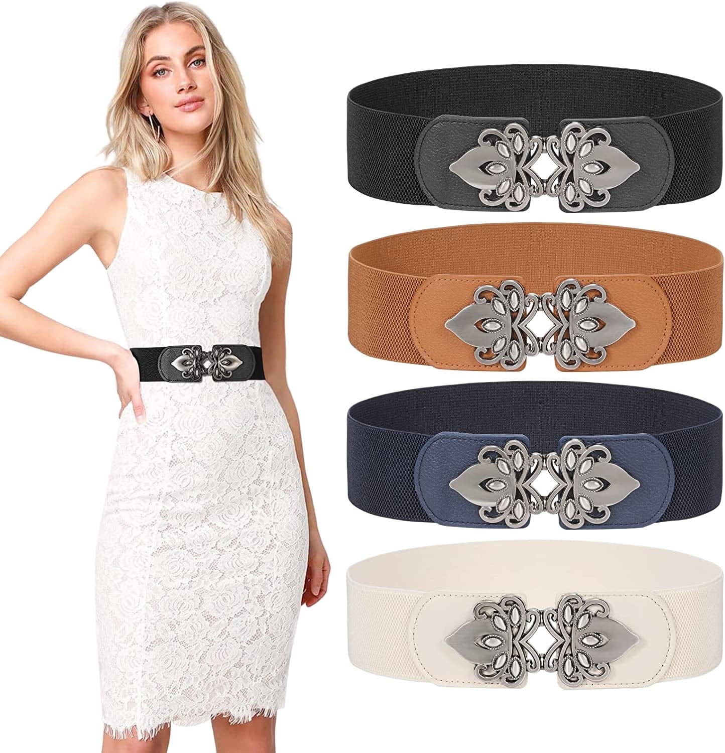 Women'S Wide Elastic Waist Belt Retro Stretch Waistband for Dresses Vintage Cinch Belt Apparel & Accessories > Clothing Accessories > Belts LEACOOLKEY D-black+brown+navy Blue+beige Suit for waist size 34"-41" 