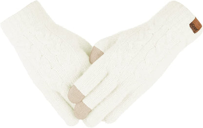 Women'S Winter Warm Touch Screen Gloves Cable Knit Wool Fleece Lined Touchscreen Texting Mittens for Women Apparel & Accessories > Clothing Accessories > Gloves & Mittens ViGrace White 1 