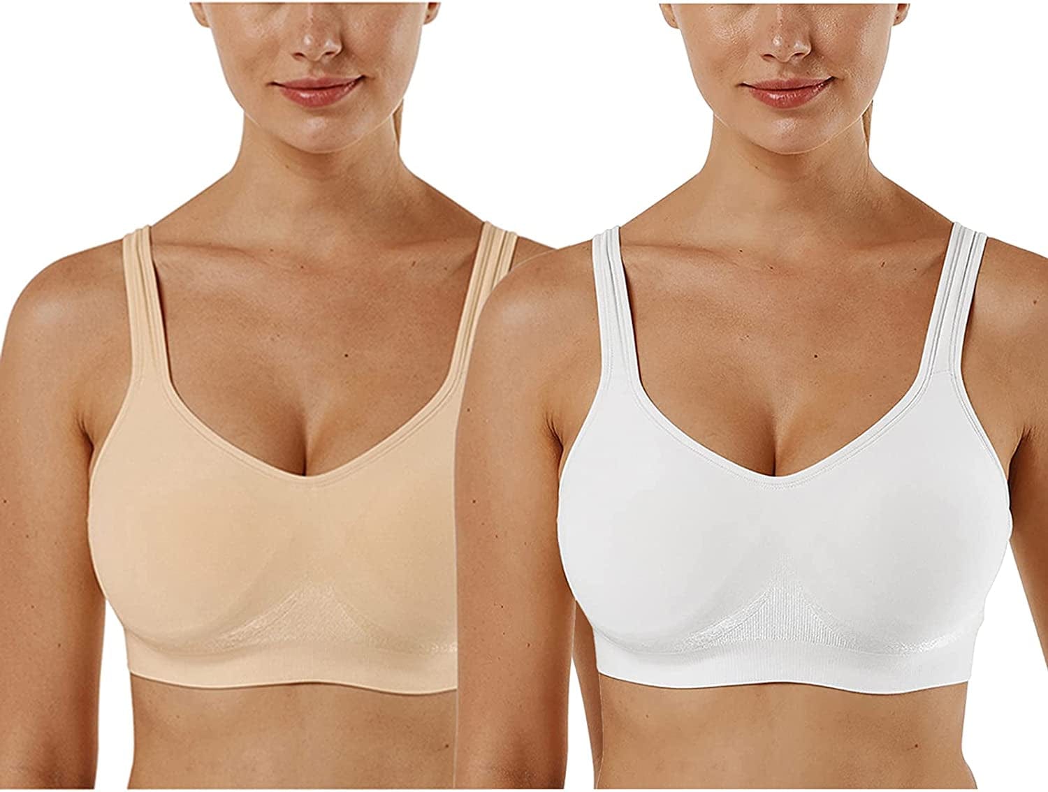 Women'S Wirefree Bras Seamless Full Coverage plus Size Sports Bra for Sleeping Yoga Workout Everyday Wear Bralette 2 Pack-khaki+white / X-Large
