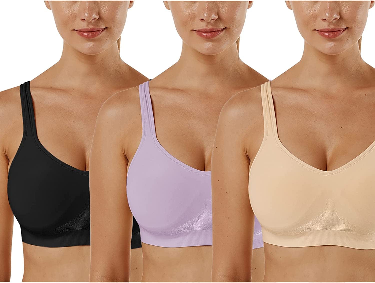Women'S Wirefree Bras Seamless Full Coverage plus Size Sports Bra for Sleeping Yoga Workout Everyday Wear Bralette 3 Pack-black+khaki+purple / Medium