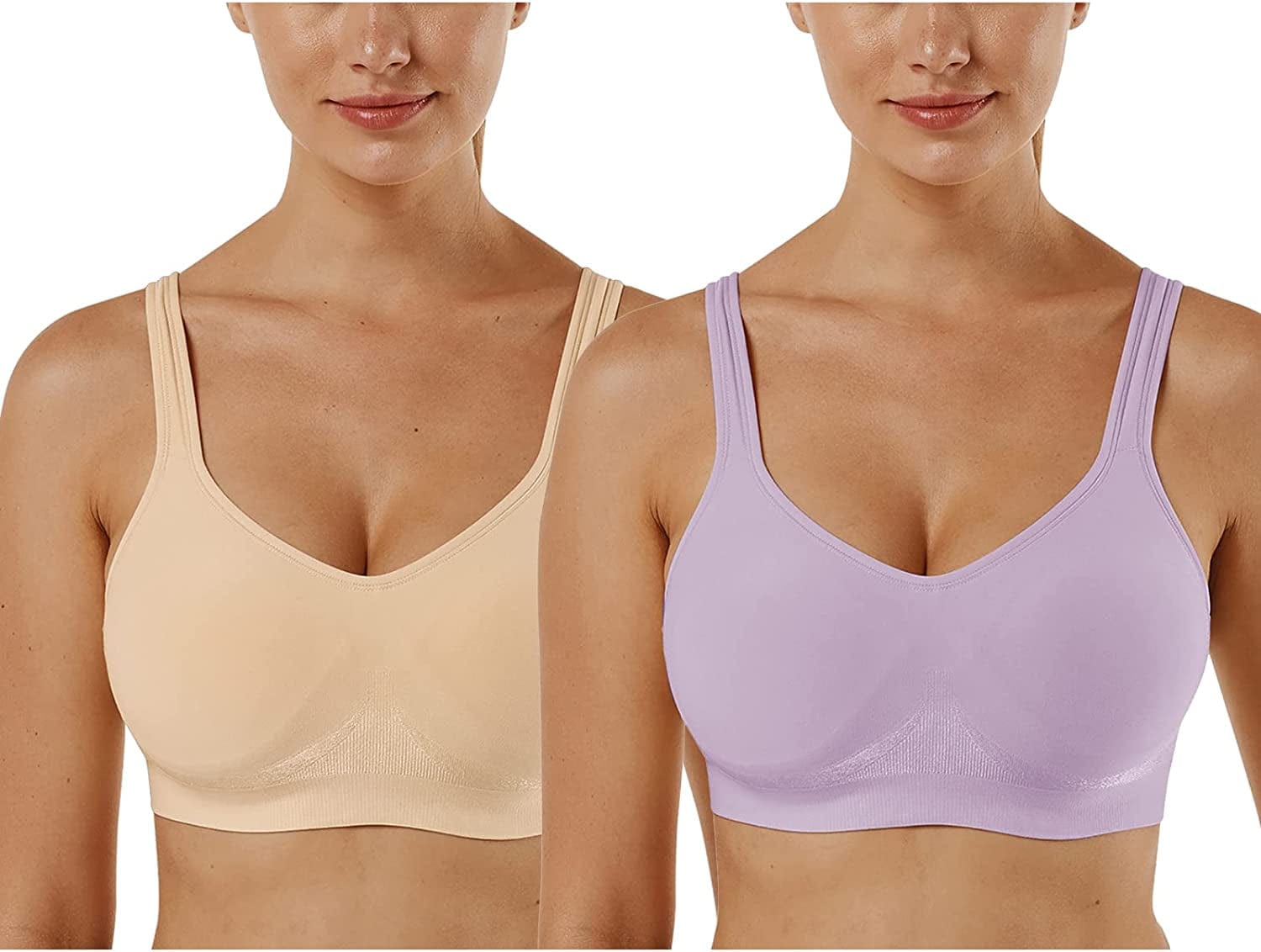 Women'S Wirefree Bras Seamless Full Coverage plus Size Sports Bra for Sleeping Yoga Workout Everyday Wear Bralette 2 Pack-khaki+purple / 3X-Large