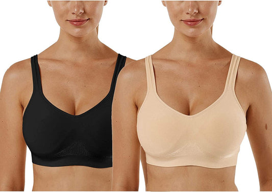 Women'S Wirefree Bras Seamless Full Coverage plus Size Sports Bra for Sleeping Yoga Workout Everyday Wear Bralette 2 Pack-black+khaki / Small