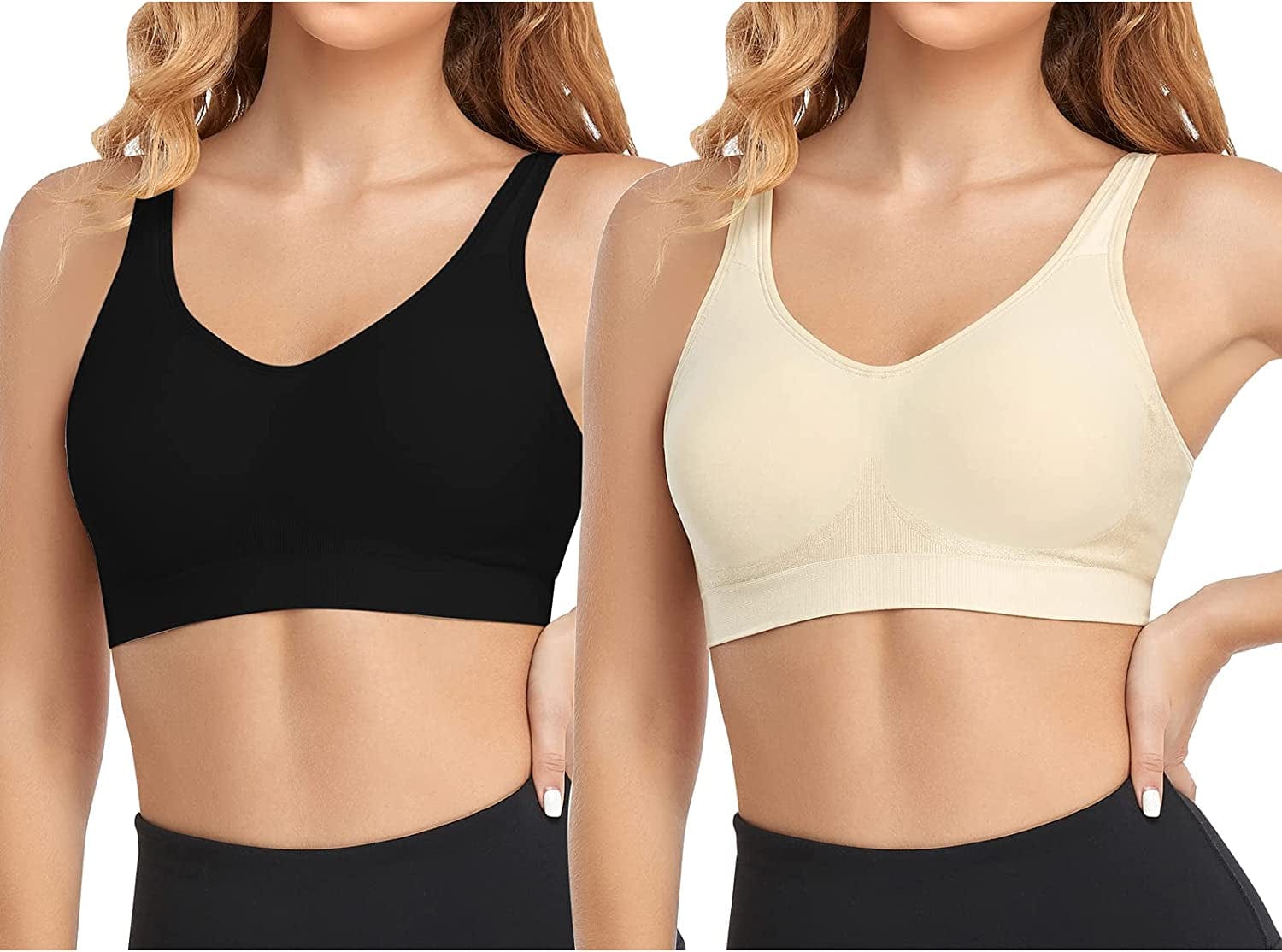 Women'S Wireless Bras Adjustable Comfy Seamless Wirefree Full Coverage Sports Bra plus Size Bralette for Everyday 2- Black+ Beige / XX-Large