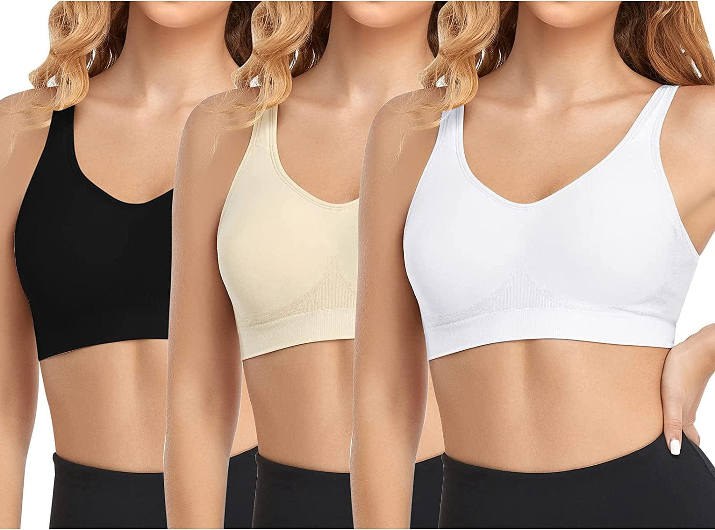 Women'S Wireless Bras Adjustable Comfy Seamless Wirefree Full Coverage Sports Bra plus Size Bralette for Everyday 3- White+ Black+ Beige / XX-Large