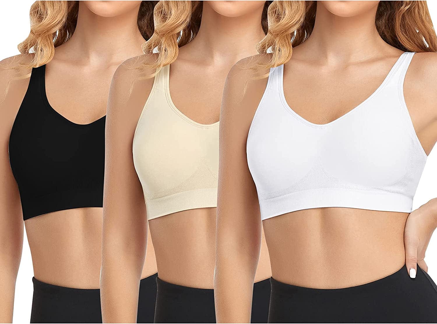 Women'S Wireless Bras Adjustable Comfy Seamless Wirefree Full Coverage Sports Bra plus Size Bralette for Everyday 3- White+ Black+ Beige / XX-Large