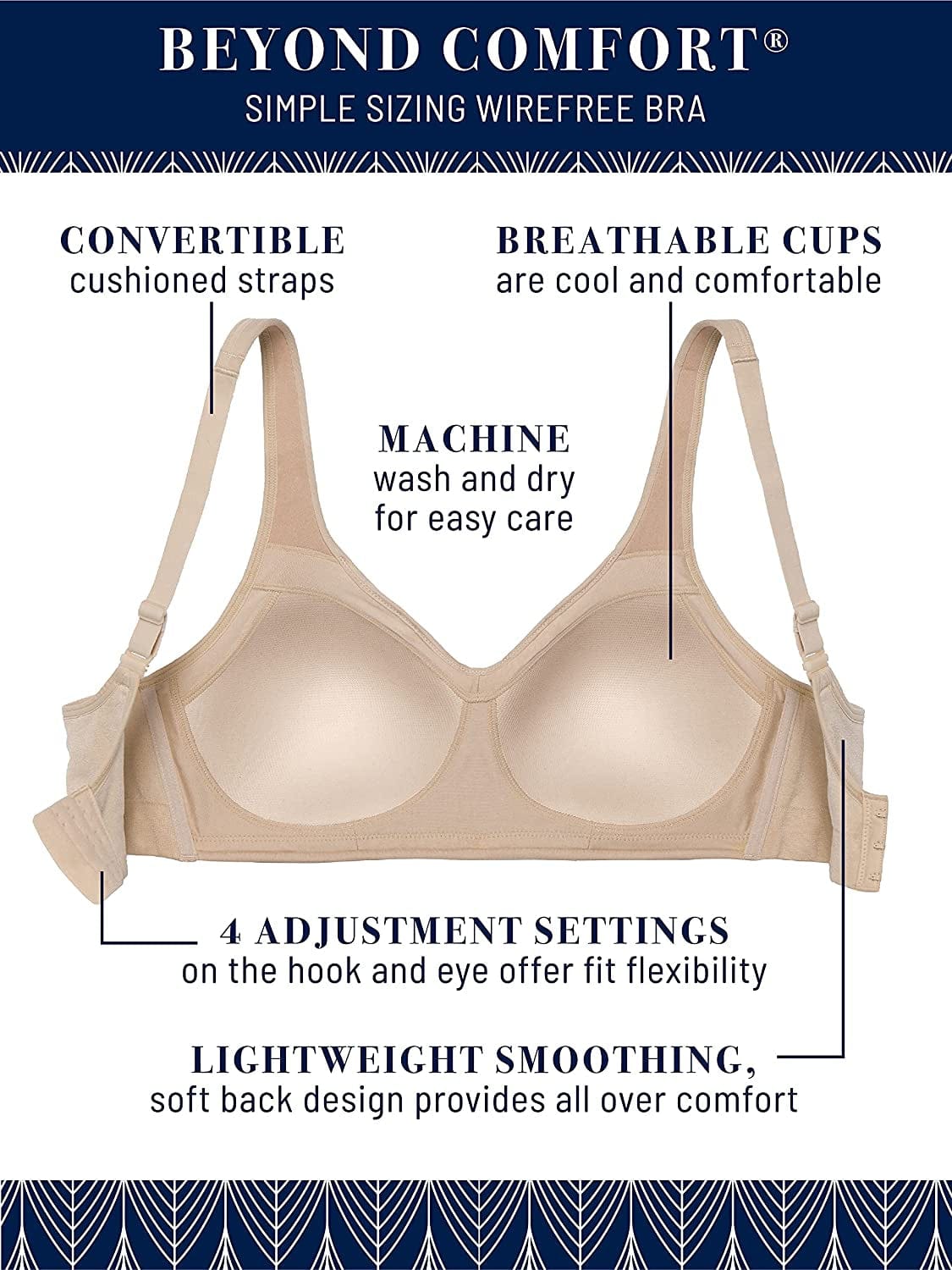 Women'S Wireless Comfort Bra, Customize Your Shape & Support: Convertible Straps, Easy Pullover, Back Smoothing