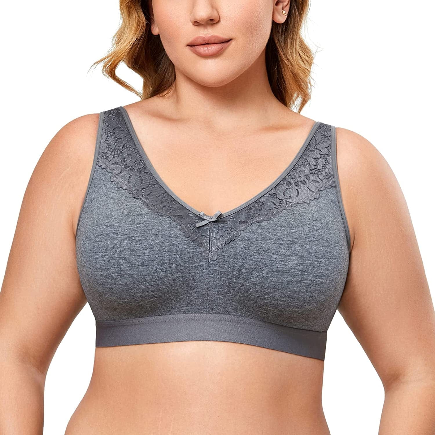 Women'S Wireless Cotton Unlined Full Coverage Comfort Support plus Size Bra Charcoal Heather / 44E
