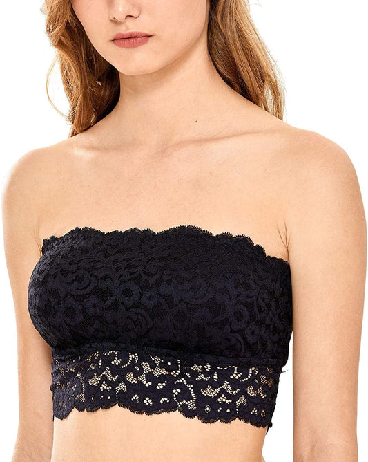 Women'S Wireless Lightly Lined Bandeau Lace Bralette Strapless Bra Black / Medium