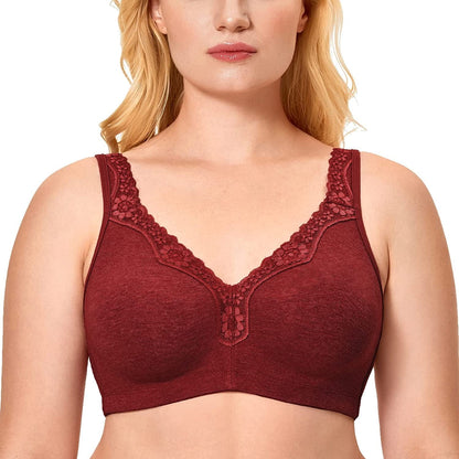 Women'S Wireless plus Size Lace Bra Unlined Full Coverage Comfort Cotton Chocolate Burgundy / 40E