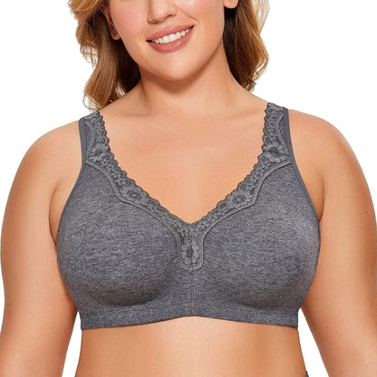 Women'S Wireless plus Size Lace Bra Unlined Full Coverage Comfort Cotton Charcoal Heather / 38B