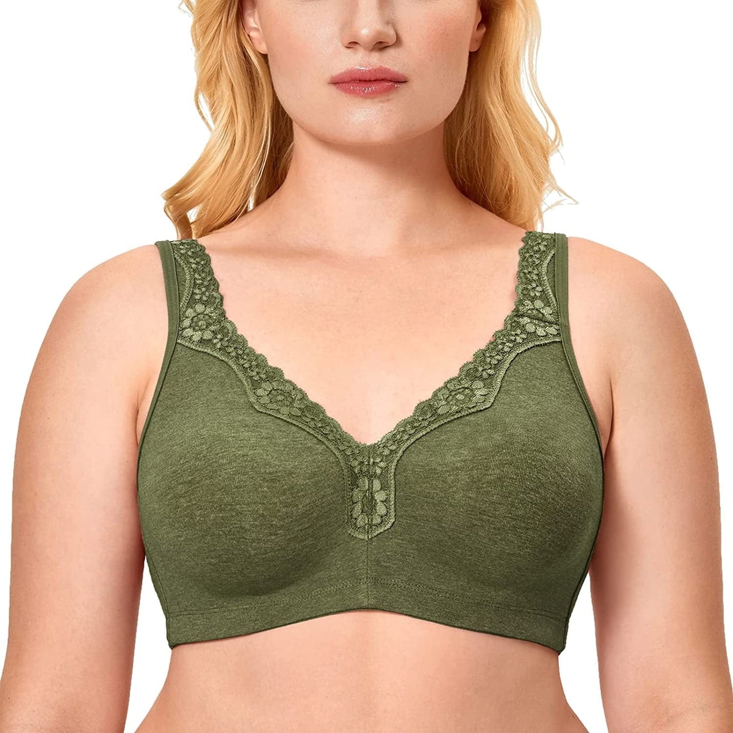 Women'S Wireless plus Size Lace Bra Unlined Full Coverage Comfort Cotton Chive / 40DD