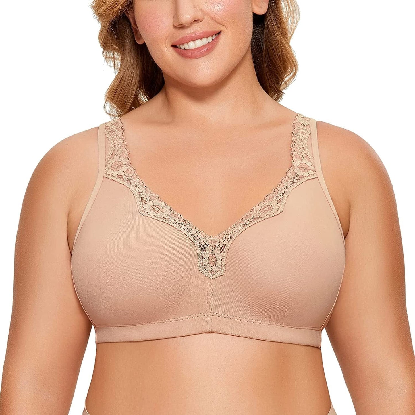 Women'S Wireless plus Size Lace Bra Unlined Full Coverage Comfort Cotton Oatmeal / 42DD