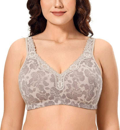 Women'S Wireless plus Size Lace Bra Unlined Full Coverage Comfort Cotton Brown Hibiscus / 38B