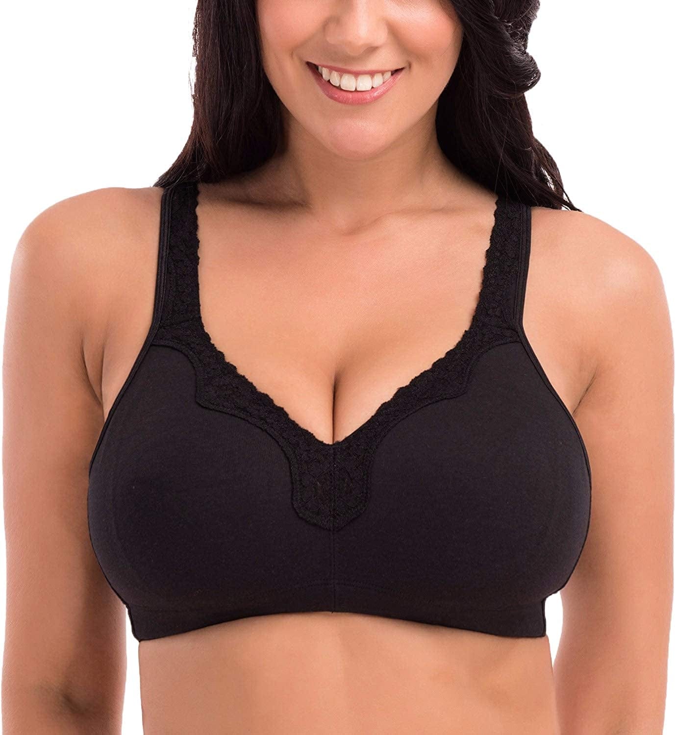 Women'S Wireless plus Size Lace Bra Unlined Full Coverage Comfort Cotton Black / 42DD
