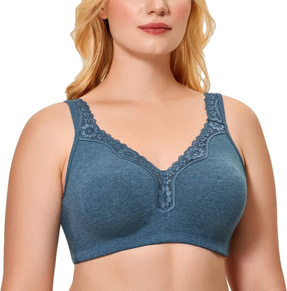 Women'S Wireless plus Size Lace Bra Unlined Full Coverage Comfort Cotton Bluestone Blue / 42E