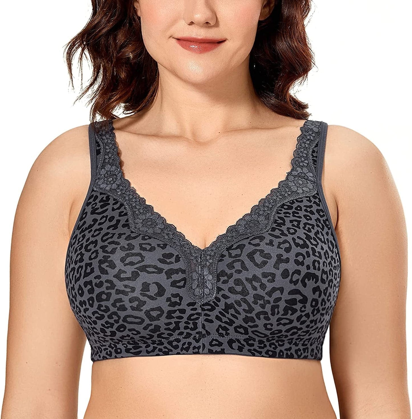 Women'S Wireless plus Size Lace Bra Unlined Full Coverage Comfort Cotton Black Gray Leopard / 40D