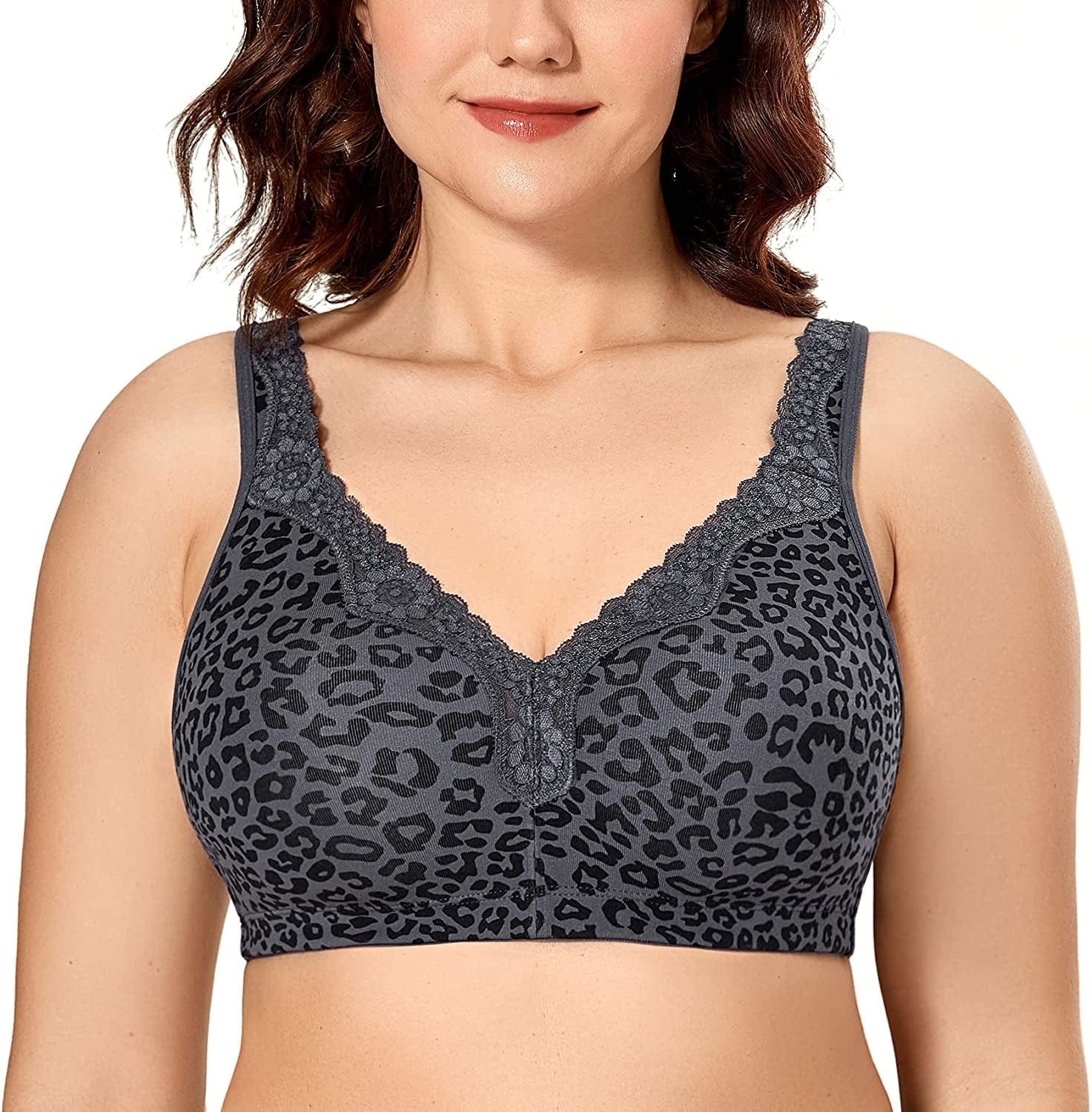 Women'S Wireless plus Size Lace Bra Unlined Full Coverage Comfort Cotton Black Gray Leopard / 40D