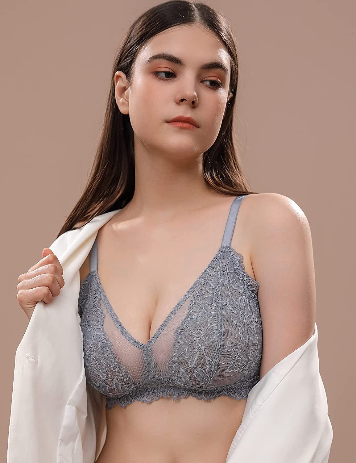 Women'S Wireless Sexy Lace Bra See through Unlined Semi Sheer Bralette