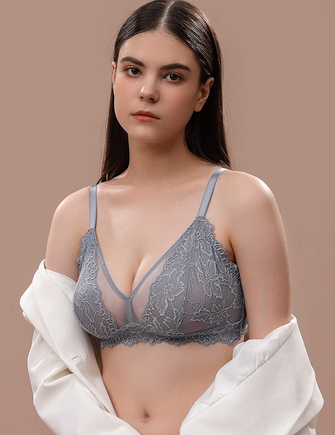 Women'S Wireless Sexy Lace Bra See through Unlined Semi Sheer Bralette