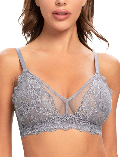 Women'S Wireless Sexy Lace Bra See through Unlined Semi Sheer Bralette