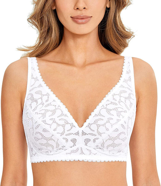 Women'S Wireless Unlined Lace Bra plus Size Full Coverage Bralette Comfort White / 36E