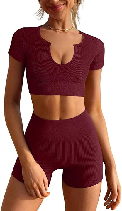 Women'S Workout Outfits Seamless Ribbed Running Yoga Two Piece Crop Top Gym High Waist Sport Shorts Sets Winered / Large