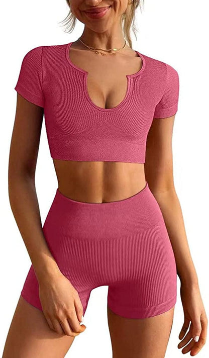 Women'S Workout Outfits Seamless Ribbed Running Yoga Two Piece Crop Top Gym High Waist Sport Shorts Sets Coral / Large