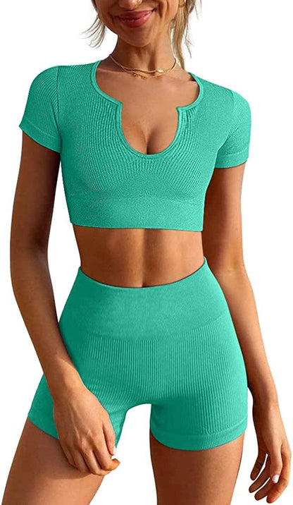 Women'S Workout Outfits Seamless Ribbed Running Yoga Two Piece Crop Top Gym High Waist Sport Shorts Sets Lightgreen / Large