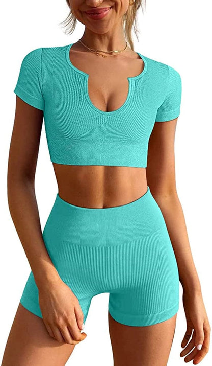 Women'S Workout Outfits Seamless Ribbed Running Yoga Two Piece Crop Top Gym High Waist Sport Shorts Sets Mint / Large