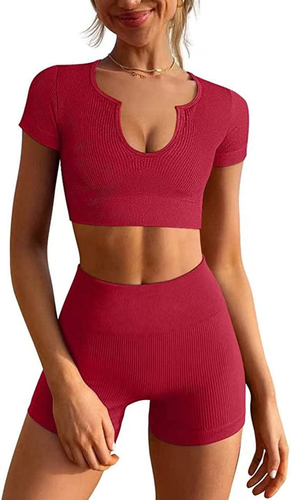 Women'S Workout Outfits Seamless Ribbed Running Yoga Two Piece Crop Top Gym High Waist Sport Shorts Sets Brightred / Large