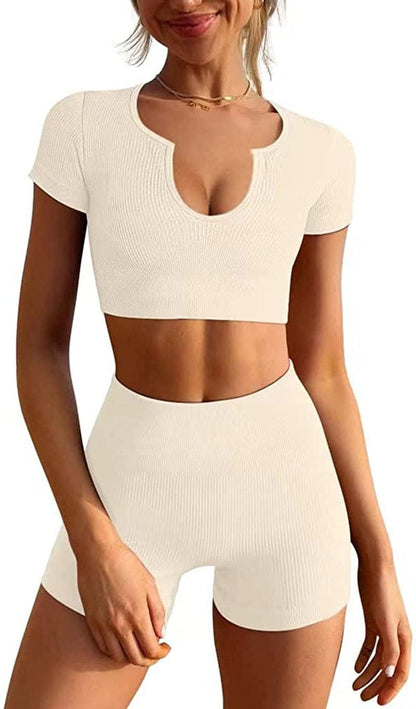 Women'S Workout Outfits Seamless Ribbed Running Yoga Two Piece Crop Top Gym High Waist Sport Shorts Sets Beige / Large