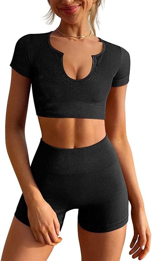 Women'S Workout Outfits Seamless Ribbed Running Yoga Two Piece Crop Top Gym High Waist Sport Shorts Sets Black / Large
