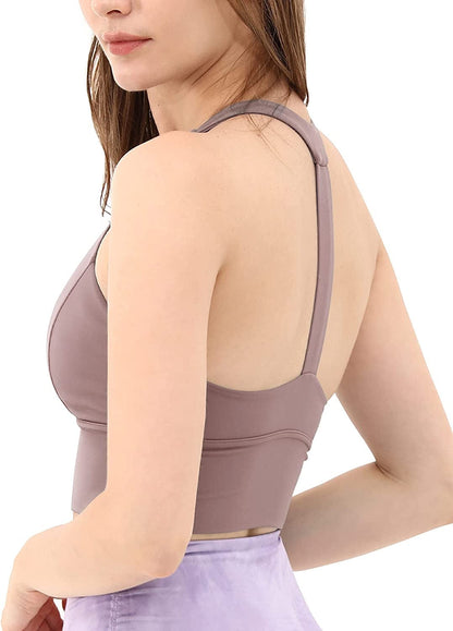 Women'S Y Racer Back Padded Sports Bra Fitness Workout Longline Yoga Bra Top, Lavender, X-Large