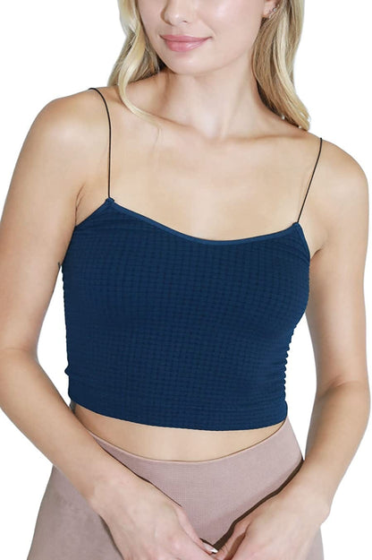 Women Seamless Waffle Crop Top Cami, Made in U.S.A, One Size Indigo