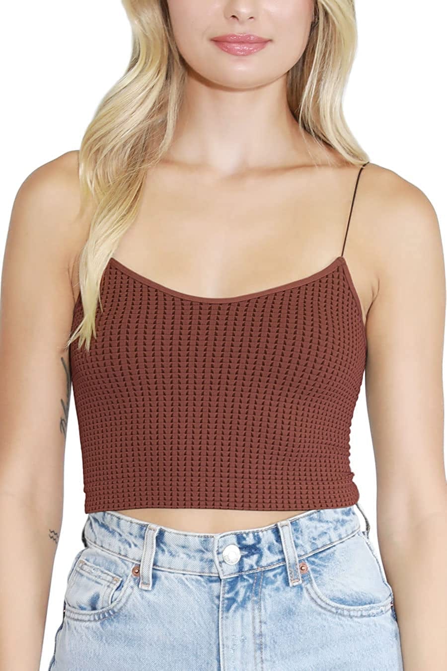 Women Seamless Waffle Crop Top Cami, Made in U.S.A, One Size Mahogany