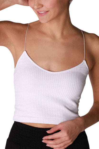 Women Seamless Waffle Crop Top Cami, Made in U.S.A, One Size White