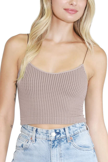 Women Seamless Waffle Crop Top Cami, Made in U.S.A, One Size Almond