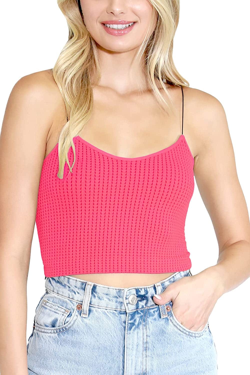 Women Seamless Waffle Crop Top Cami, Made in U.S.A, One Size Bubble Gum