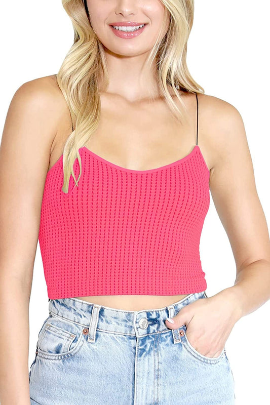 Women Seamless Waffle Crop Top Cami, Made in U.S.A, One Size Bubble Gum