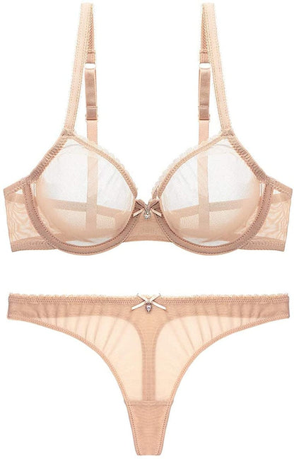 Women See-Through Lace Push up Transparent Everyday Bra Beige With Thong / 38C