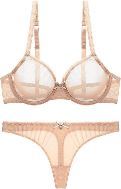 Women See-Through Lace Push up Transparent Everyday Bra Beige With Thong / 40DD