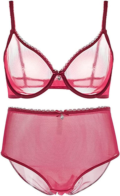 Women See-Through Lace Push up Transparent Everyday Bra Wine Red With High Rise / 34B