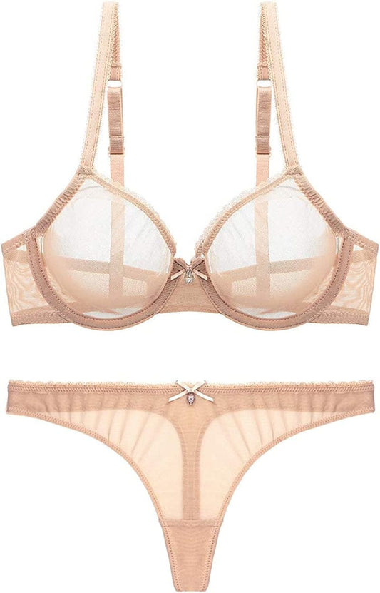 Women See-Through Lace Push up Transparent Everyday Bra Beige With Thong / 36D