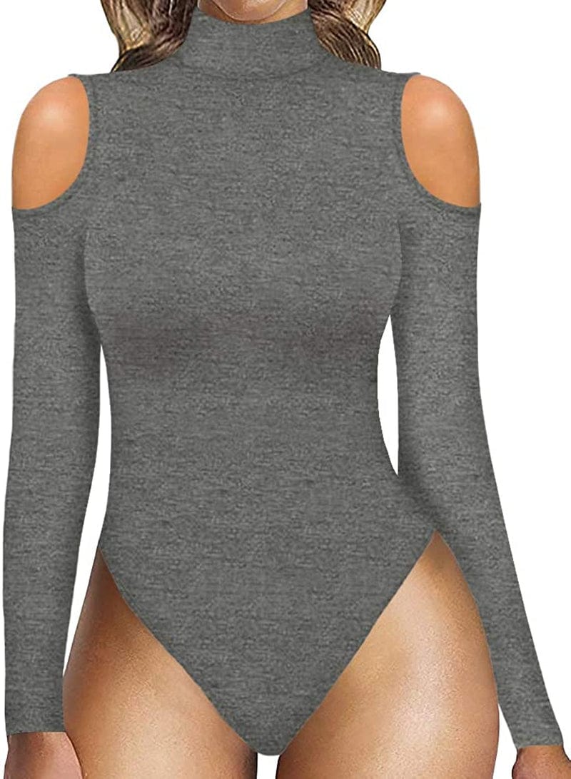 Women Sexy Cutout Cold Shoulder Top V Neck Short Sleeve Bodysuit/Mock Turtle Neck Long Sleeve Bodysuit T Shirt Long Sleeve Dark Heather Grey / XX-Large