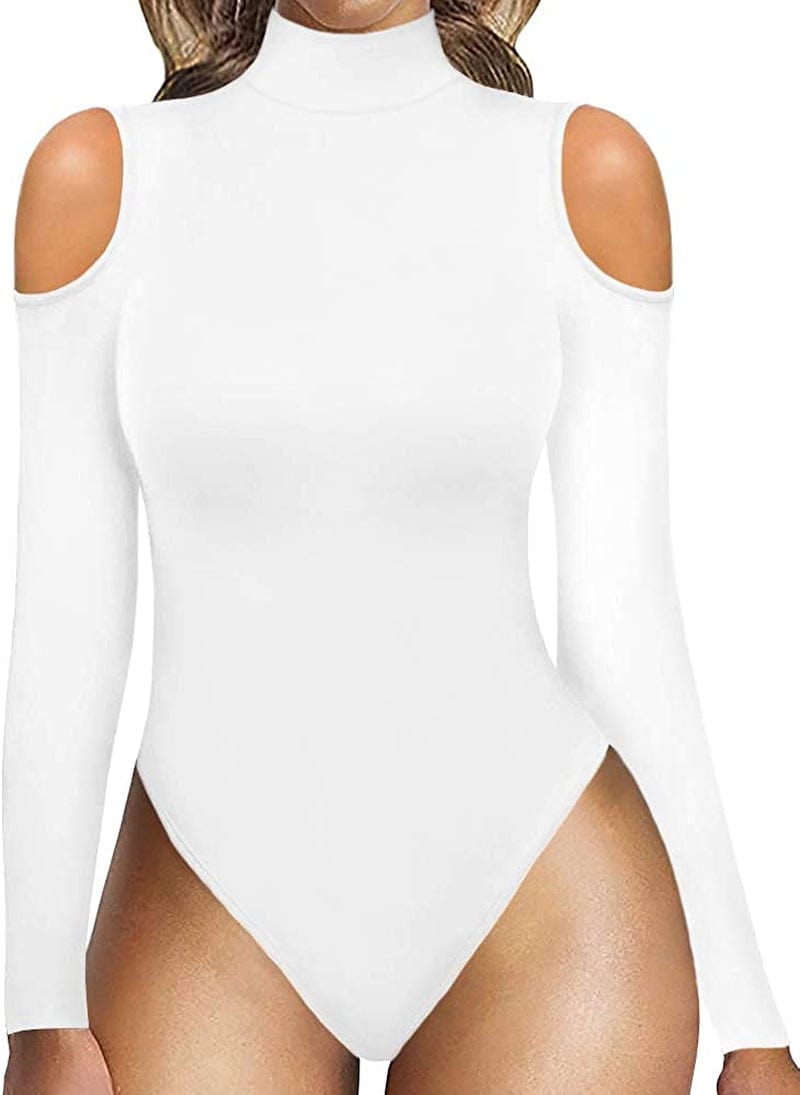 Women Sexy Cutout Cold Shoulder Top V Neck Short Sleeve Bodysuit/Mock Turtle Neck Long Sleeve Bodysuit T Shirt B Long Sleeve White / Small