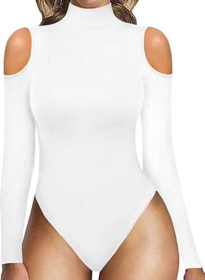 Women Sexy Cutout Cold Shoulder Top V Neck Short Sleeve Bodysuit/Mock Turtle Neck Long Sleeve Bodysuit T Shirt B Long Sleeve White / Small